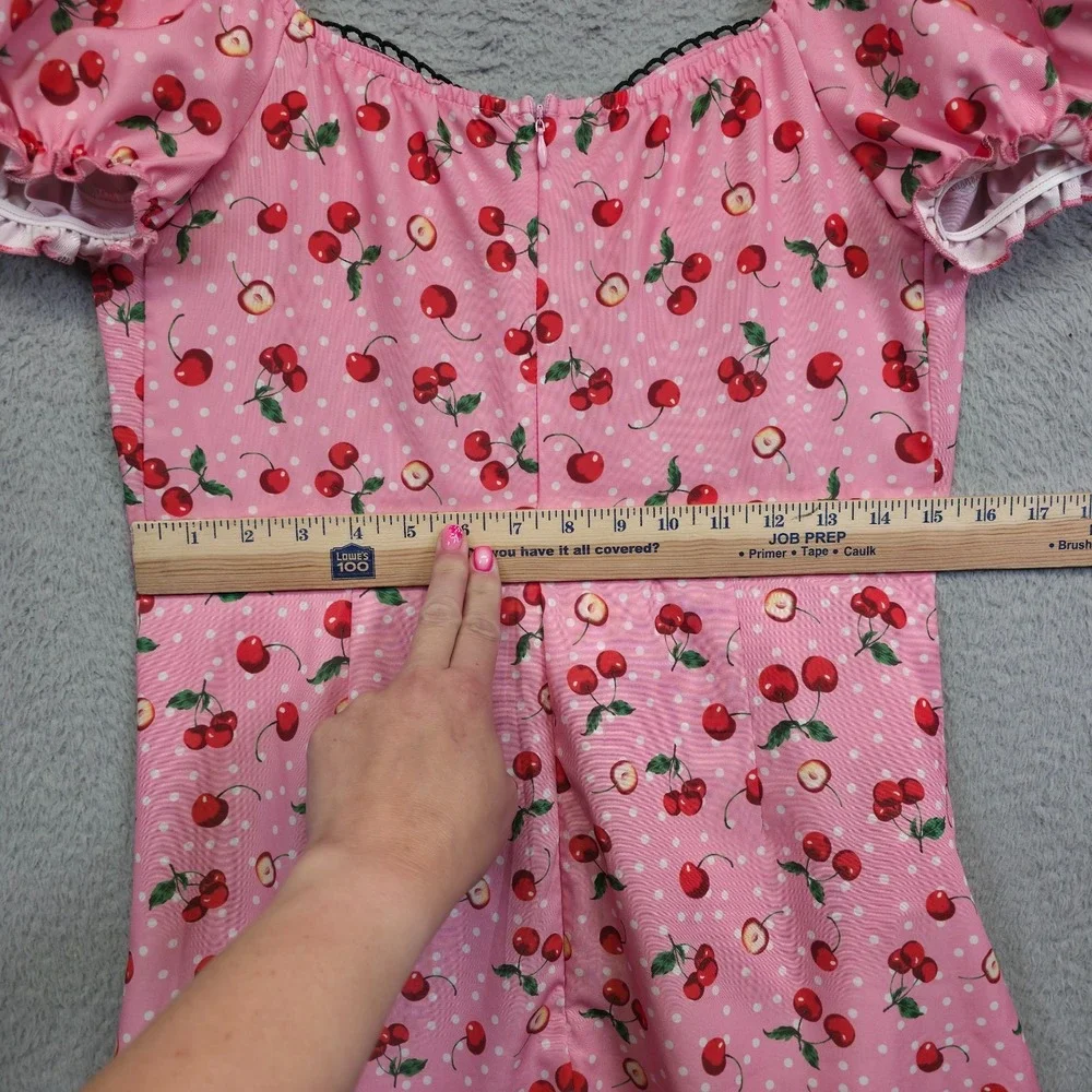 Womens Babydoll Pinup Dress L Pink Puff Sleeve Cherry Draped Coquette Mini‎
